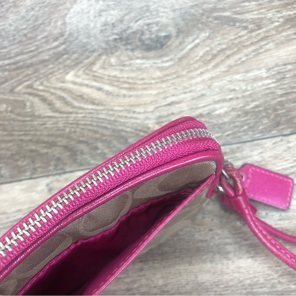 Coach Coin Wallet Wristlet Khaki Hot Pink Leather Trim Silver Logo Plate - Picture 7 of 10